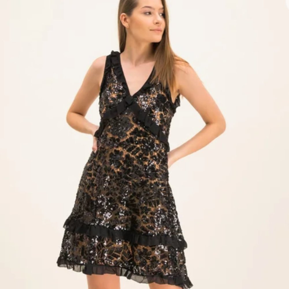 Ruffle Trimmed Sequined Lace Dress In Black - NEW